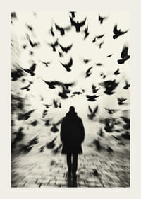 A man surrounded by flying birds in black and white creates mystery.-3