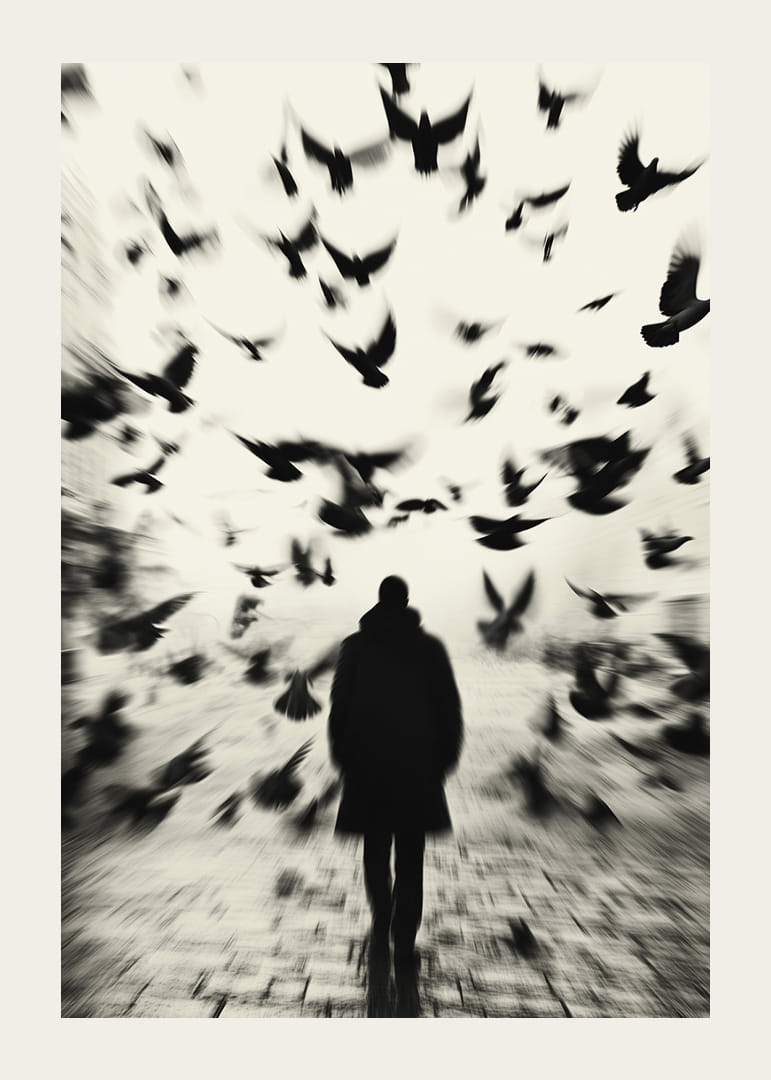 A man surrounded by flying birds in black and white creates mystery.-12