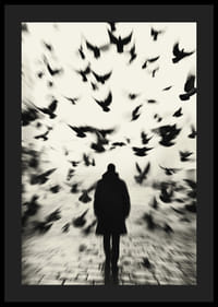 A man surrounded by flying birds in black and white creates mystery.-4