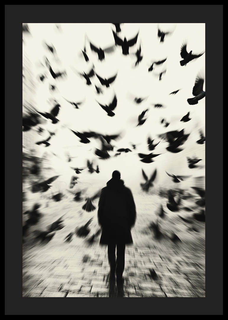 A man surrounded by flying birds in black and white creates mystery.-12