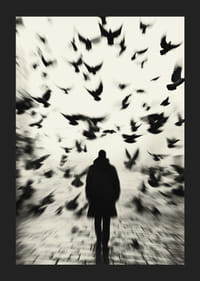 A man surrounded by flying birds in black and white creates mystery.-5