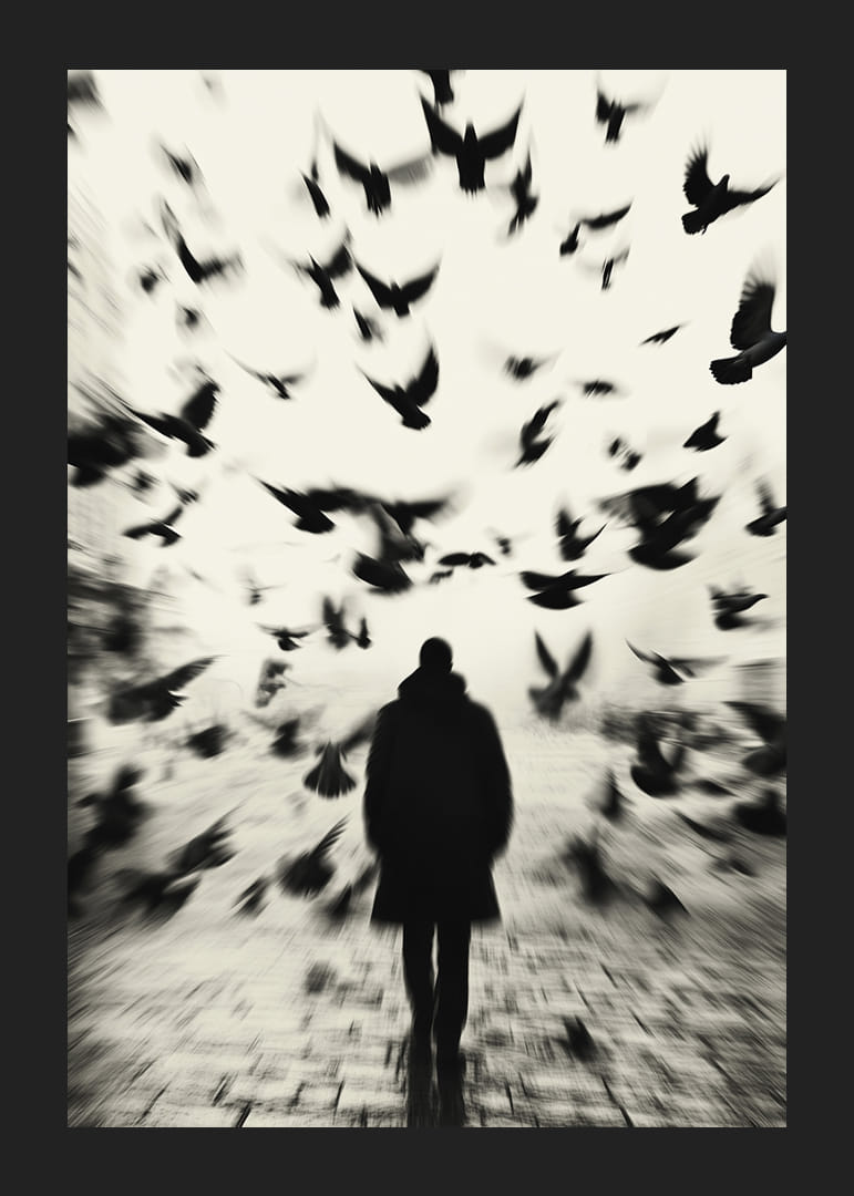 A man surrounded by flying birds in black and white creates mystery.-12