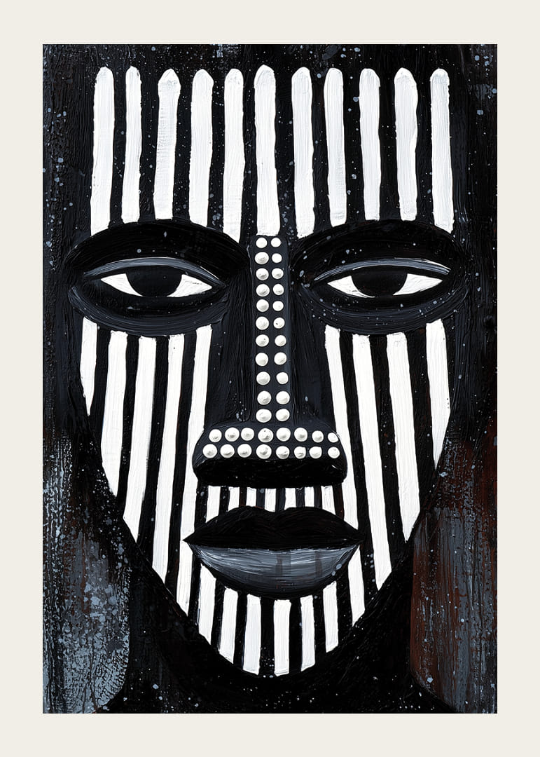 Kontrasterande svartvita linjer skapar ett fängslande ansiktsmönster.-12