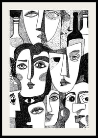 Livliga, abstrakta ansikten i svartvitt fyller postern med mystik.-2