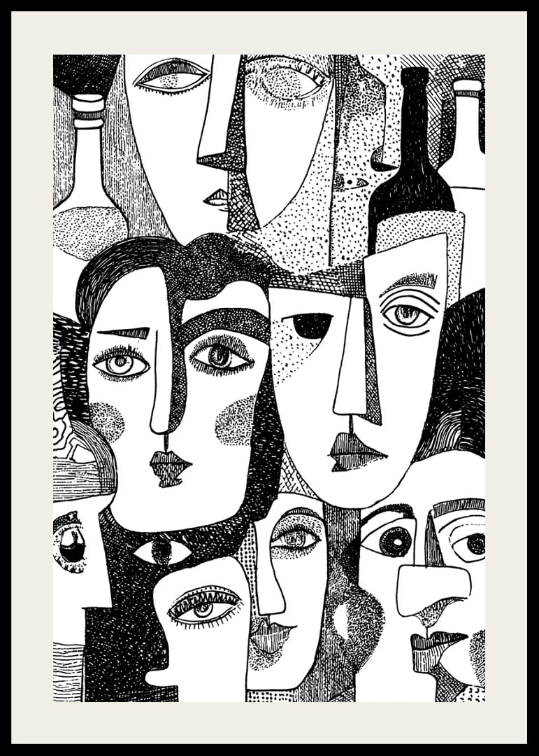 Livliga, abstrakta ansikten i svartvitt fyller postern med mystik.-12