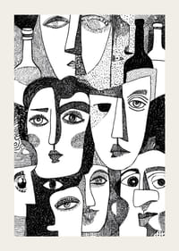 Livliga, abstrakta ansikten i svartvitt fyller postern med mystik.-3