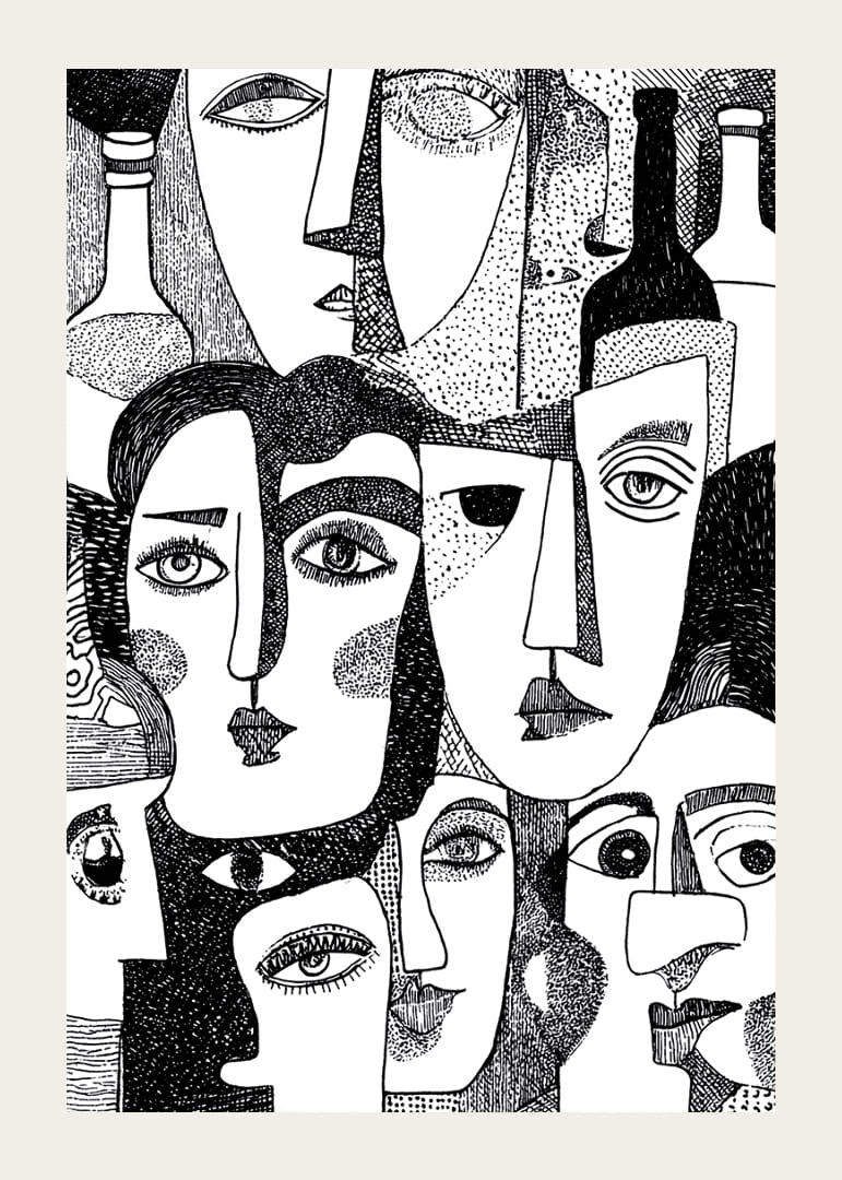 Livliga, abstrakta ansikten i svartvitt fyller postern med mystik.-12