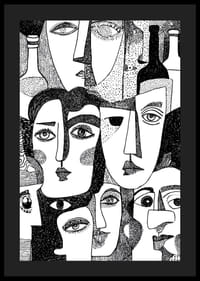 Livliga, abstrakta ansikten i svartvitt fyller postern med mystik.-4