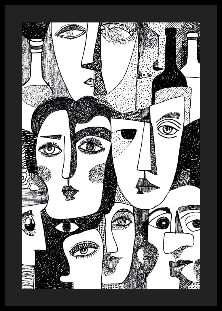 Livliga, abstrakta ansikten i svartvitt fyller postern med mystik.-12