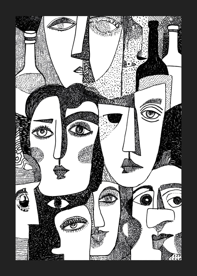 Livliga, abstrakta ansikten i svartvitt fyller postern med mystik.-12