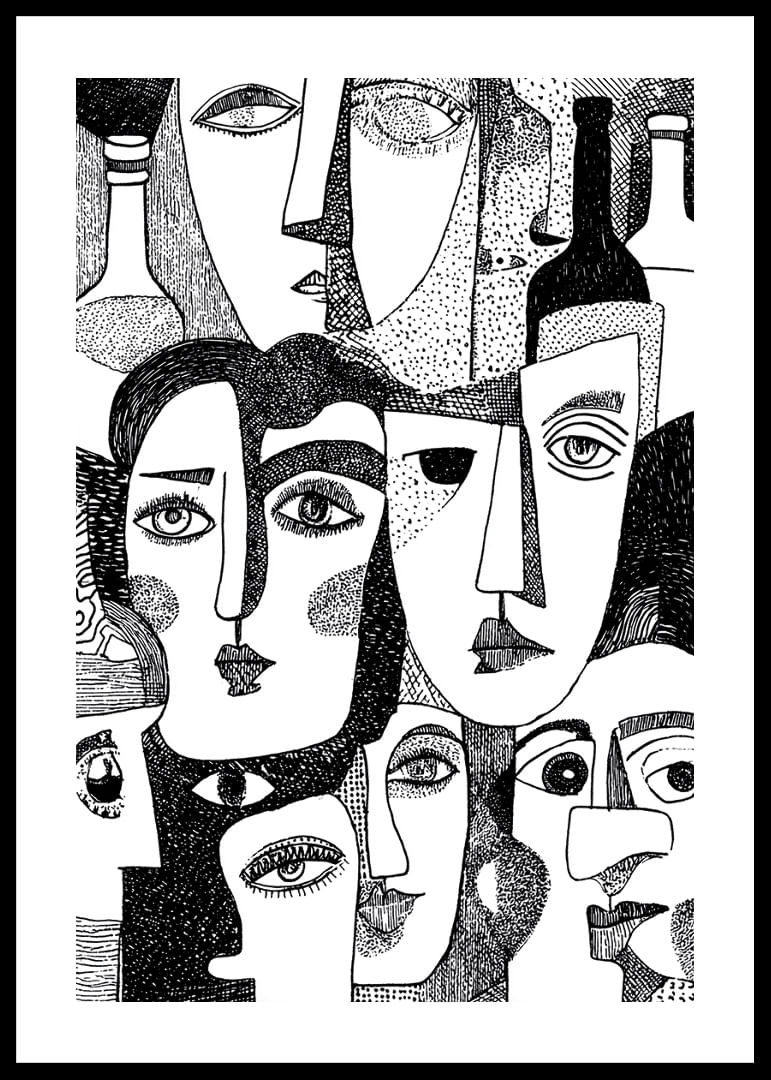 Fețe vii, abstracte, în alb și negru, umplu posterul de mister.-12