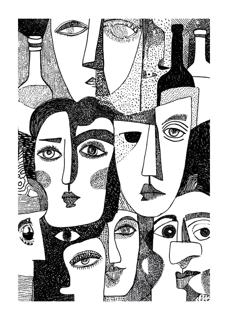 Fețe vii, abstracte, în alb și negru, umplu posterul de mister.-12