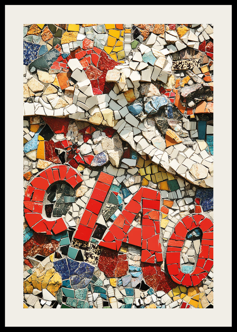Kolorowa mozaika tworzy powitanie w postaci słowa „Ciao”.-12