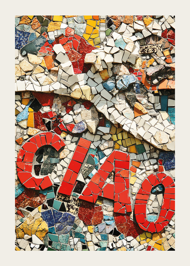 Kolorowa mozaika tworzy powitanie w postaci słowa „Ciao”.-12