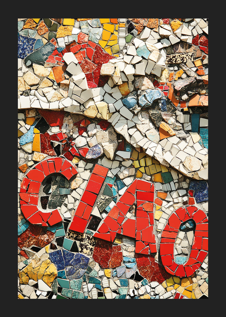 Kolorowa mozaika tworzy powitanie w postaci słowa „Ciao”.-12