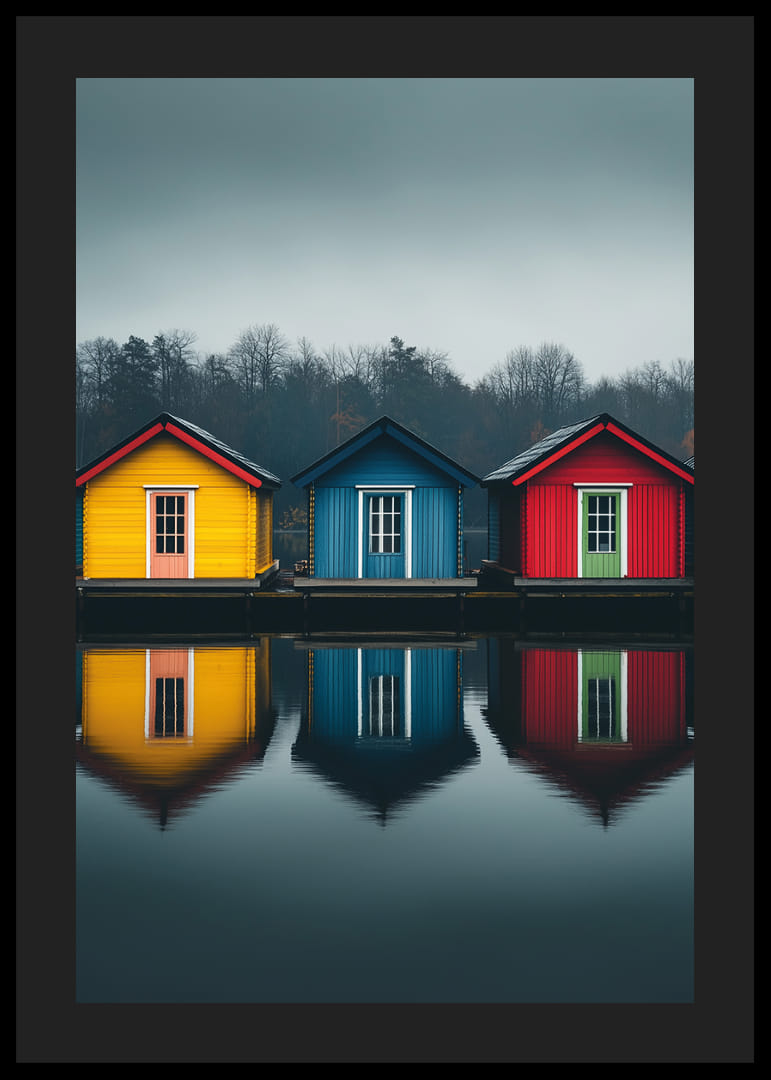 Three colorful houses are reflected in calm water, creating harmony.-12