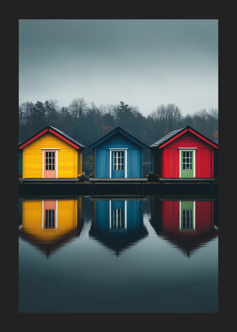 Three colorful houses are reflected in calm water, creating harmony.-12