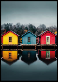 Three colorful houses are reflected in calm water, creating harmony.-6
