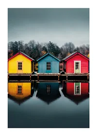 Three colorful houses are reflected in calm water, creating harmony.-1