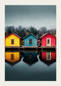 Three colorful houses are reflected in calm water, creating harmony.-3