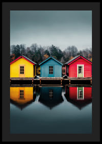 Three colorful houses are reflected in calm water, creating harmony.-4