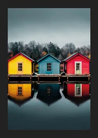 Three colorful houses are reflected in calm water, creating harmony.-5