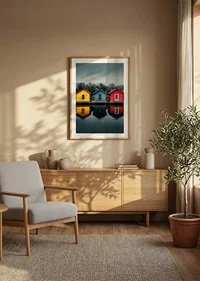 Three colorful houses are reflected in calm water, creating harmony.-8