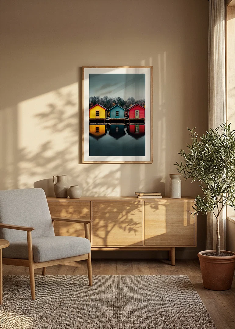 Three colorful houses are reflected in calm water, creating harmony.-12