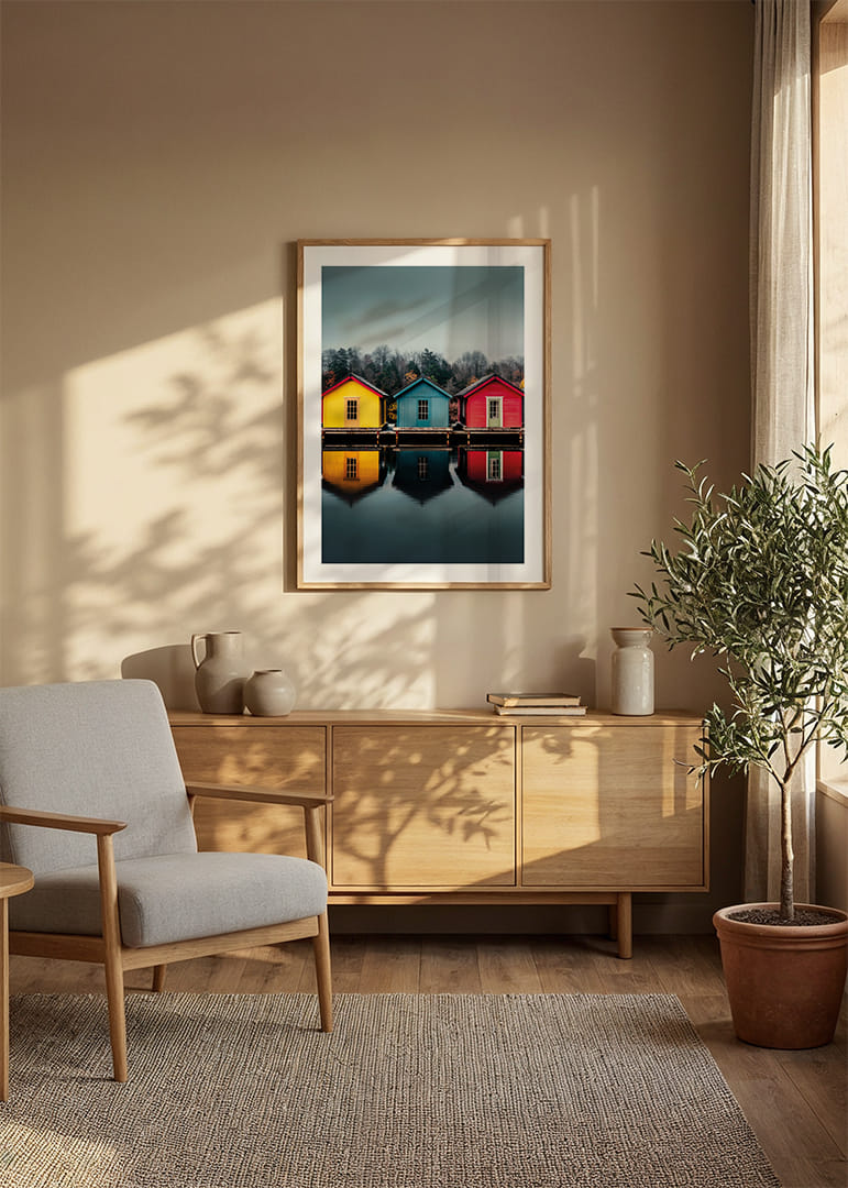 Three colorful houses are reflected in calm water, creating harmony.-12