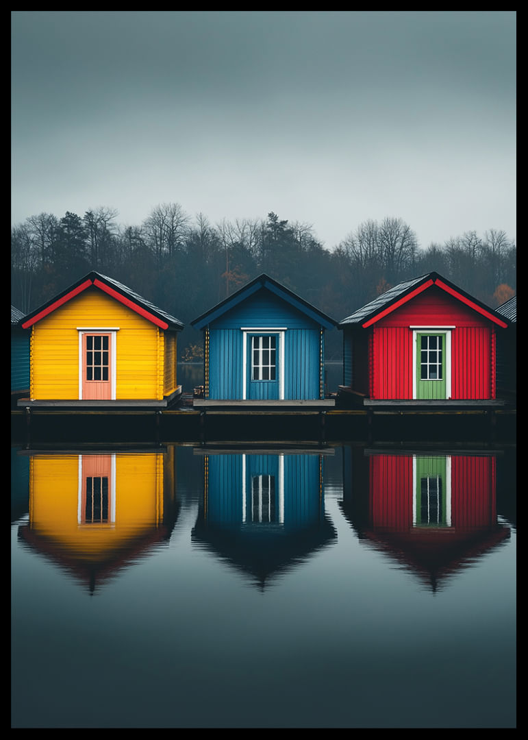 Trei căsuțe colorate se reflectă în apa calmă, creând armonie.-12