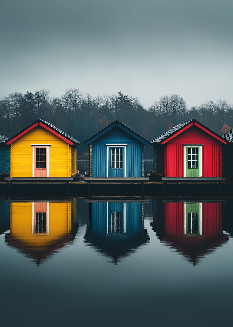 Trei căsuțe colorate se reflectă în apa calmă, creând armonie.-12