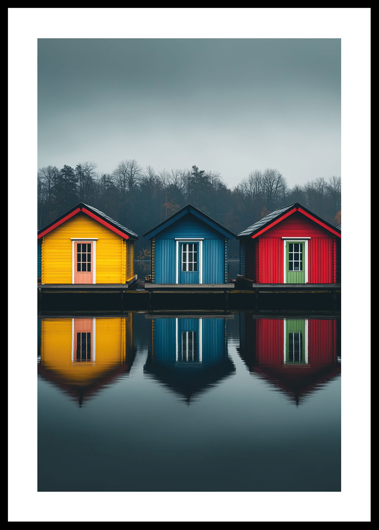 Trei căsuțe colorate se reflectă în apa calmă, creând armonie.-12