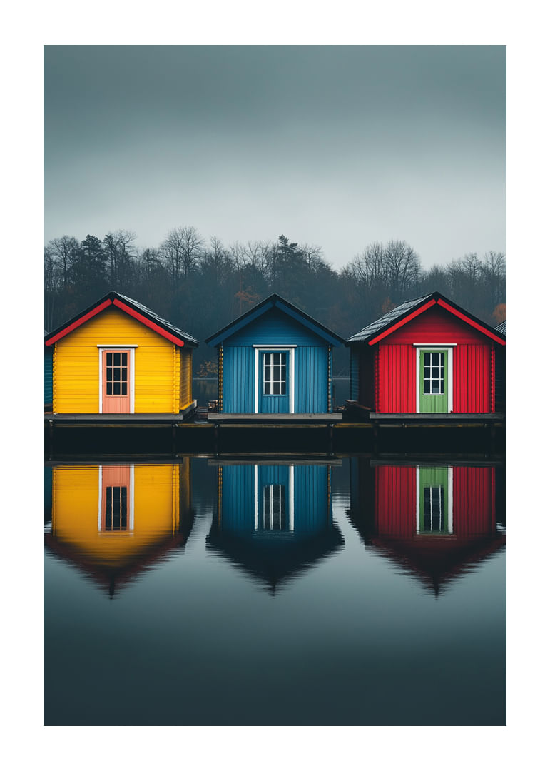 Trei căsuțe colorate se reflectă în apa calmă, creând armonie.-12