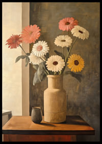Des fleurs immobiles dans un vase créent une atmosphère intemporelle.-2