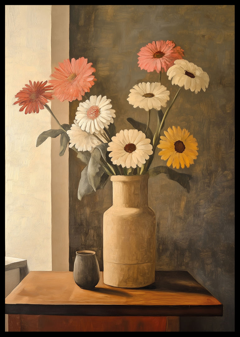 Des fleurs immobiles dans un vase créent une atmosphère intemporelle.-12