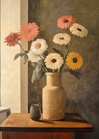 Des fleurs immobiles dans un vase créent une atmosphère intemporelle.-3