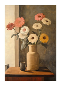 Des fleurs immobiles dans un vase créent une atmosphère intemporelle.-1