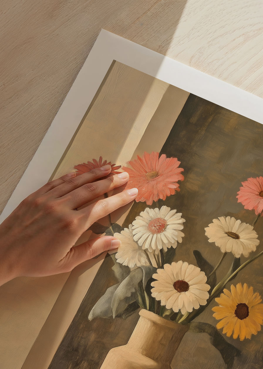 Des fleurs immobiles dans un vase créent une atmosphère intemporelle.-12
