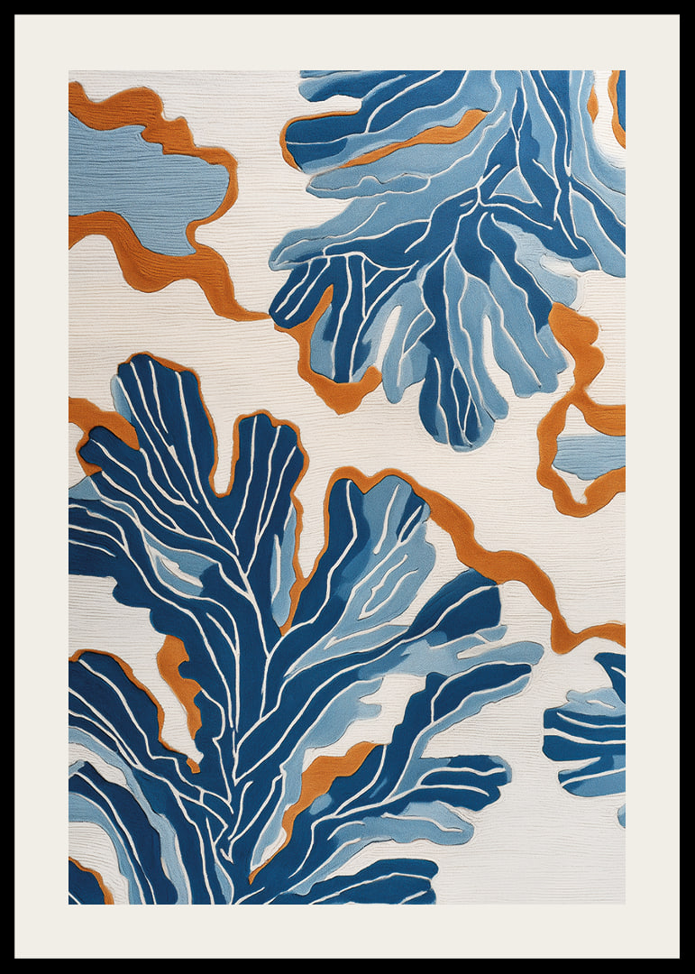Dynamic blue patterns dance across a warm background.-12