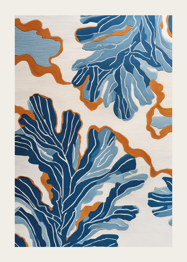 Dynamic blue patterns dance across a warm background.-12