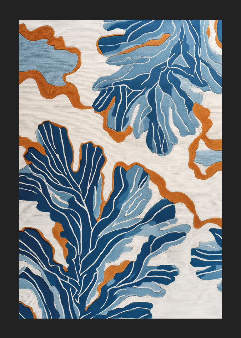 Dynamic blue patterns dance across a warm background.-12