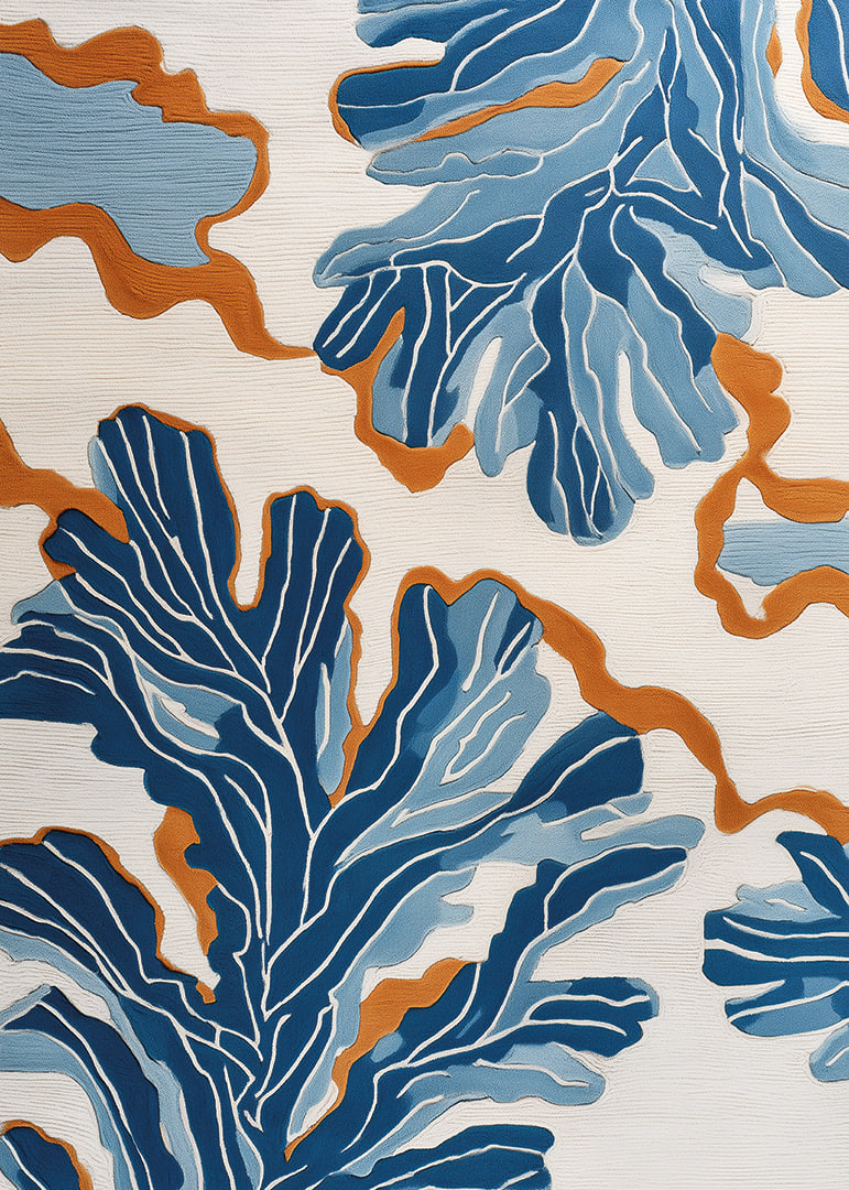 Dynamic blue patterns dance across a warm background.-12