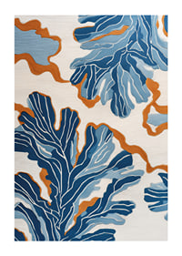 Dynamic blue patterns dance across a warm background.-1