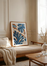 Dynamic blue patterns dance across a warm background.-8