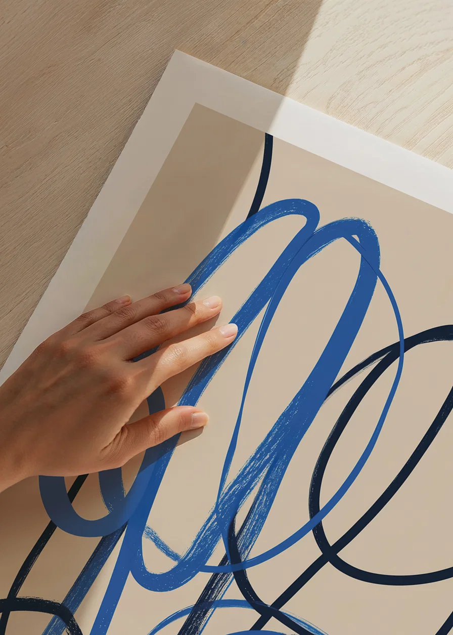 Elegant blue lines intertwine on a creamy field.-12
