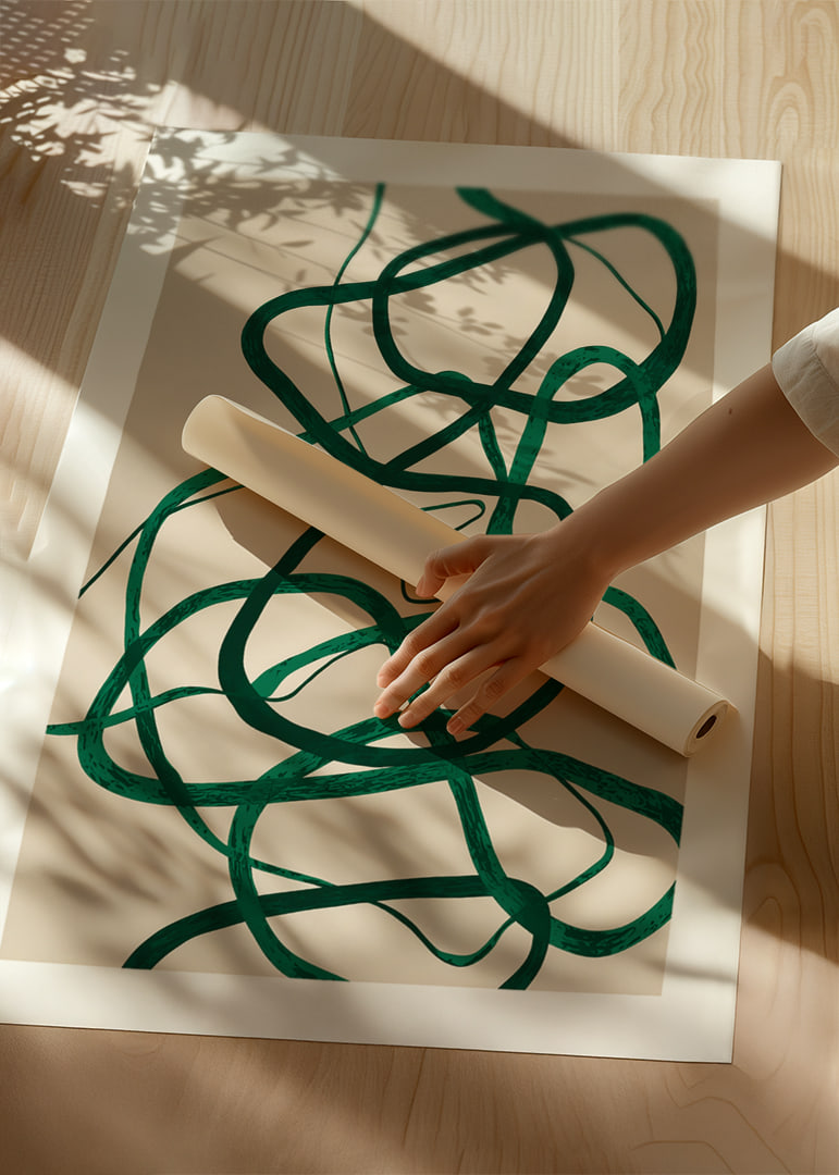 Green streaks on a beige background create a symphonic impression.-12