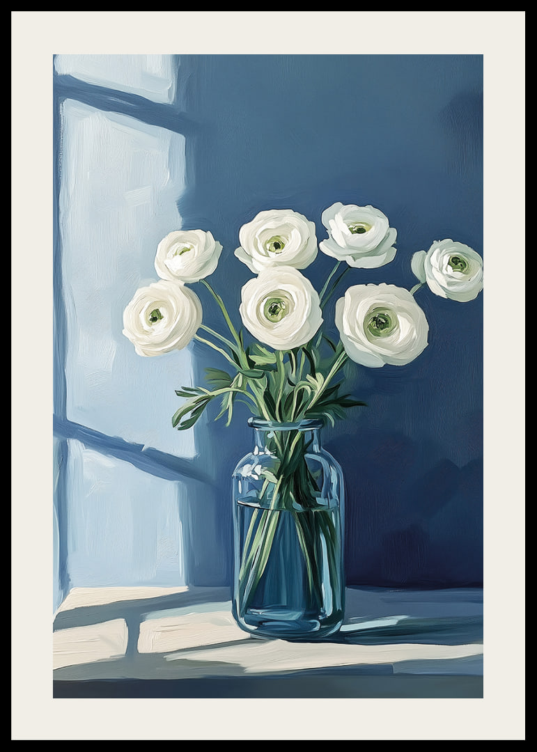 White flowers spread tranquility in a stylish blue vase.-12