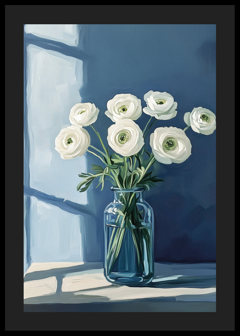 White flowers spread tranquility in a stylish blue vase.-12