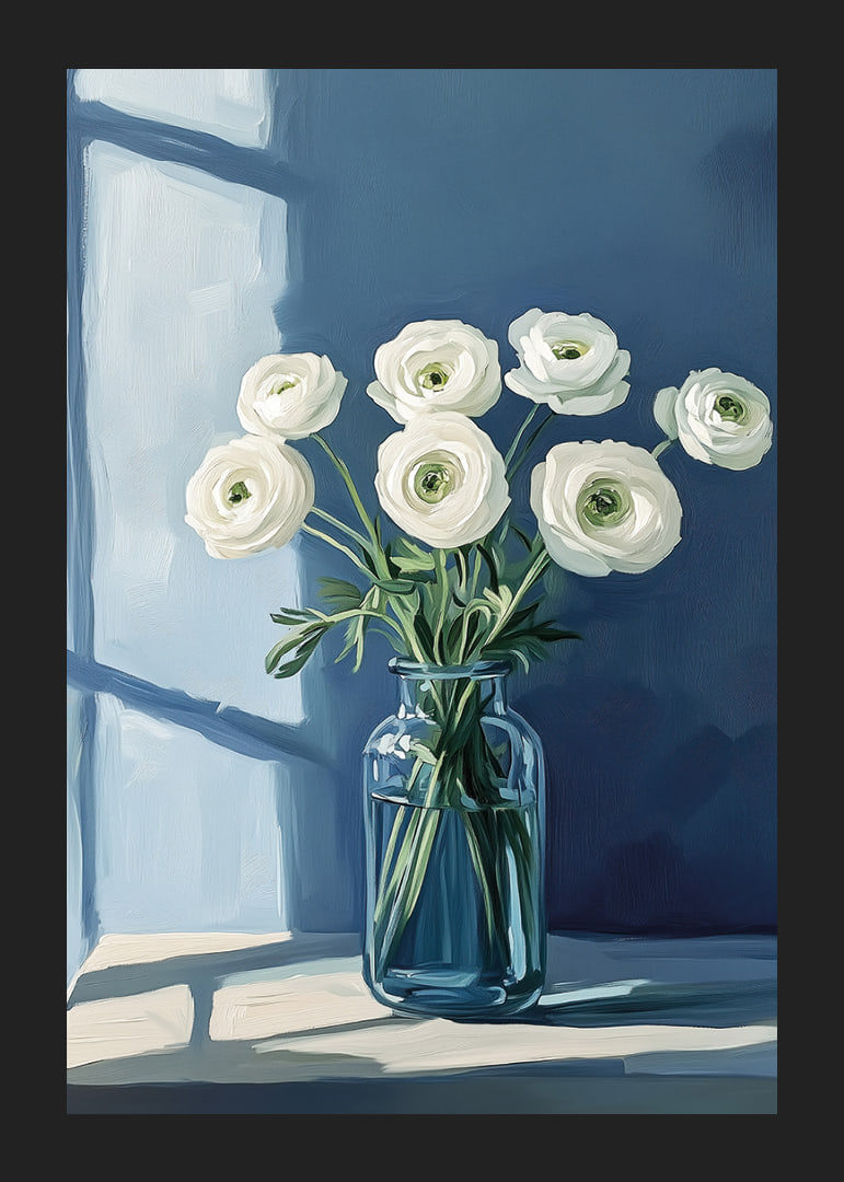 White flowers spread tranquility in a stylish blue vase.-12