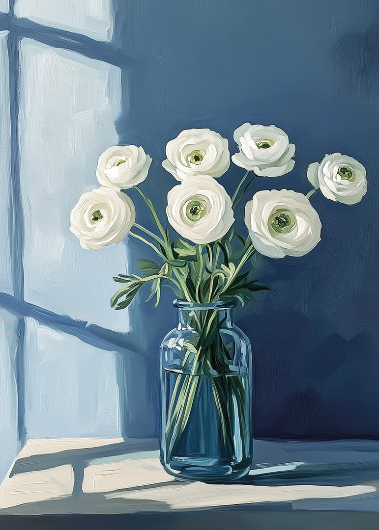 White flowers spread tranquility in a stylish blue vase.-12